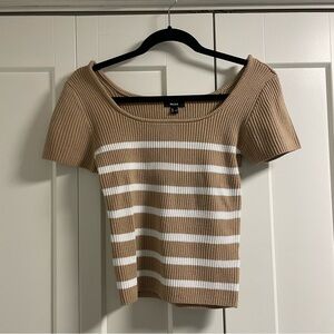 Mexx Ribbed Striped Square Neck Top Shirt Camel Tan White Crop Cropped Prep